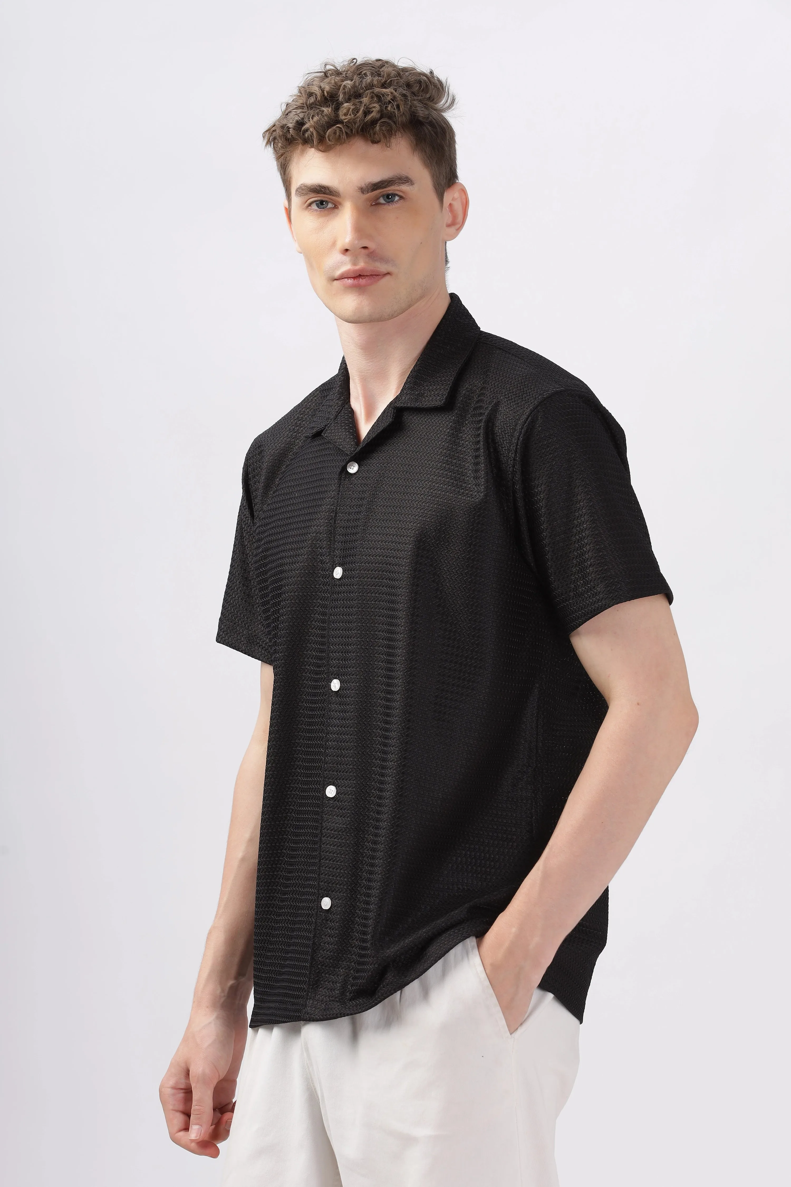 Black textured turkish weave half sleeve shirt