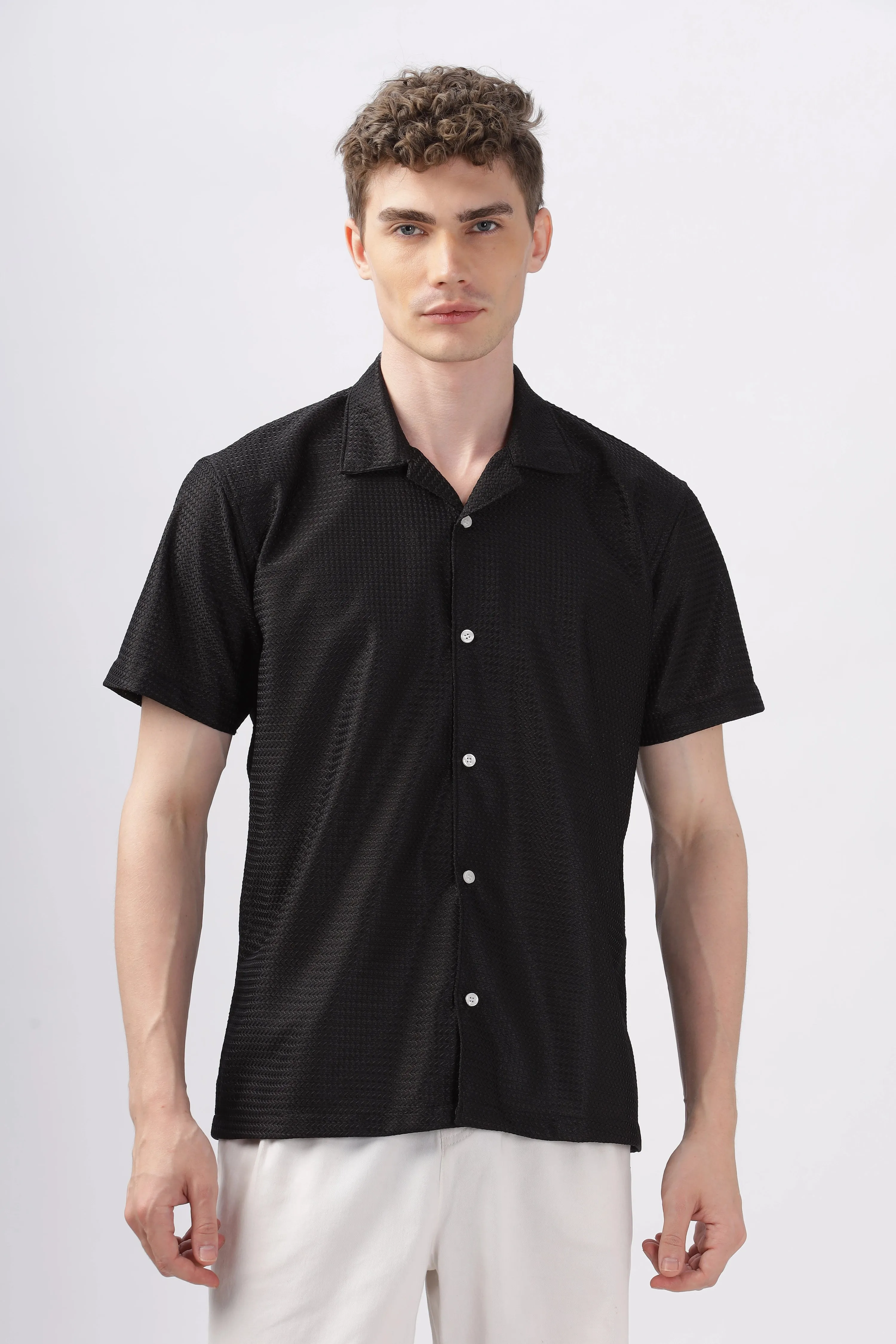 Black textured turkish weave half sleeve shirt