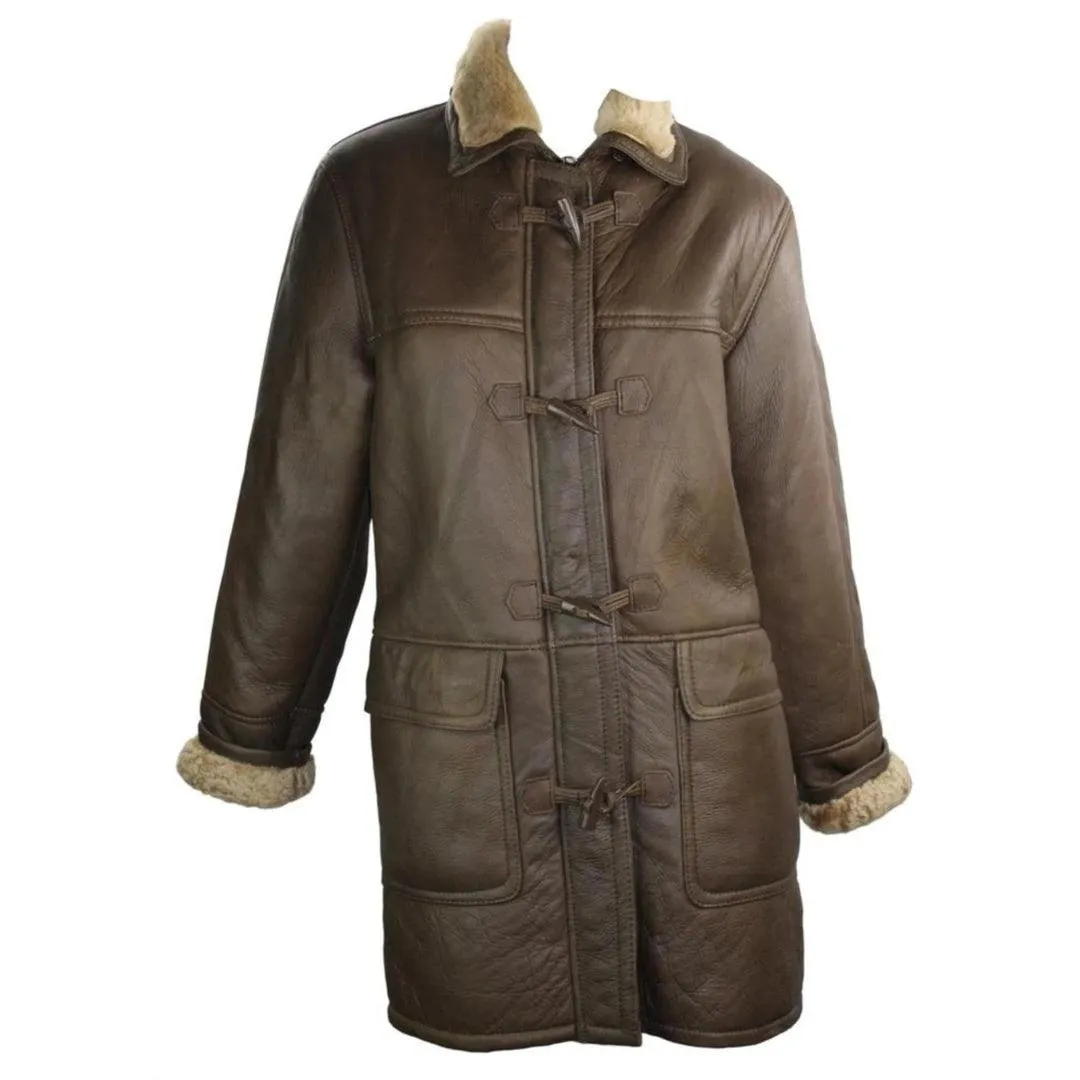 Ladies Luxury 100% Vintage Winter Sheepskin Leather Duffle Jacket Brown Ginger