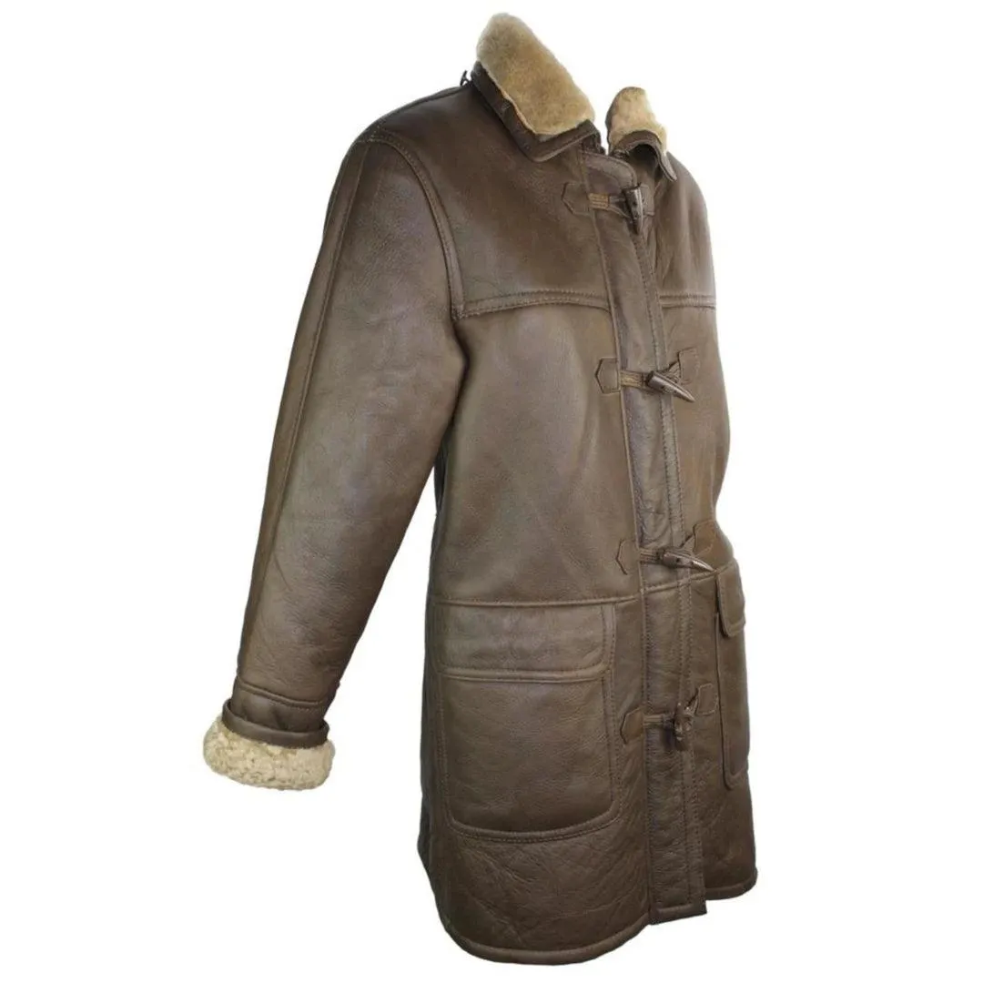Ladies Luxury 100% Vintage Winter Sheepskin Leather Duffle Jacket Brown Ginger
