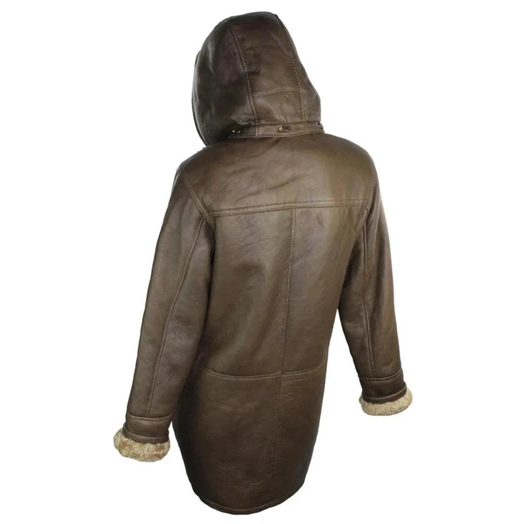 Ladies Luxury 100% Vintage Winter Sheepskin Leather Duffle Jacket Brown Ginger