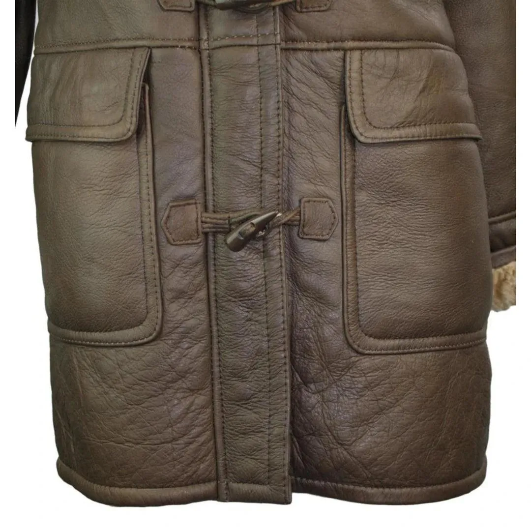 Ladies Luxury 100% Vintage Winter Sheepskin Leather Duffle Jacket Brown Ginger